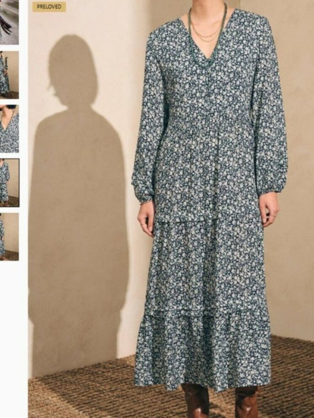 Cottage Coastal Boho Y2K Americana Navy White Floral Block Print Maxi Dress XL
